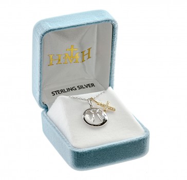 Sterling Silver Round Guardian Angel Cut Out Medal w/Tiny Gold Plated CZ Cross-16" -Bxd