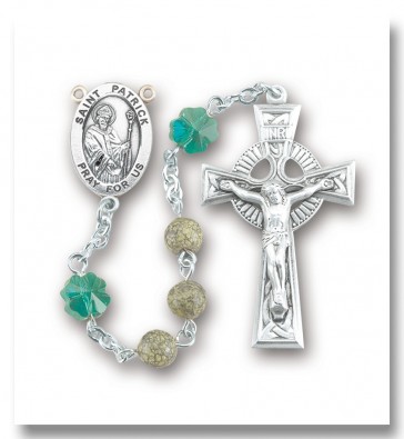 6mm Green Side Stone St. Patrick Rosary w/Sterling Silver Ctr & Cfx-(325/3827)-Bxd