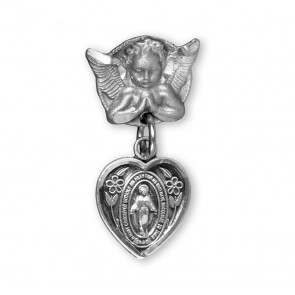 Heart Shaped Baby Miraculous Medal in Sterling Silver on an Angel Pin