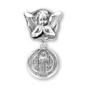 Saint Benedict Round Medal on an Angel Pin