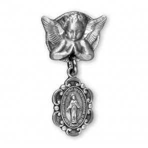 Sterling Silver Oval Fancy Edge Miraculous Baby Medal on an Angel Pin 