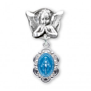 Blue Enameled Oval Fancy Edge Miraculous Baby Medal on an Angel Pin