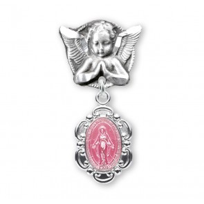 Pink Enameled Miraculous Baby Medal on an Angel Pin