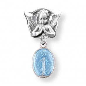 Blue Enameled Oval Sterling Silver Baby Miraculous Baby Medal on an Angel Pin