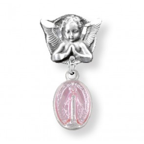 Pink Enameled Oval Sterling Silver Baby Miraculous Baby Medal on an Angel Pin