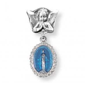 Blue Enameled Oval Fancy Edge Sterling Silver Baby Miraculous Baby Medal on an Angel Pin                                                                                                                                                                       
