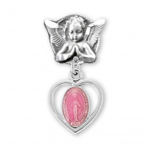 Pink Enameled Pierced Heart Sterling Silver Baby Miraculous Medal on an Angel Pin
