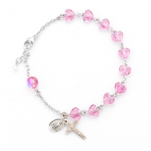 Finest Austrian Crystal Pink Heart Shaped Bead Sterling Silver Rosary Bracelet