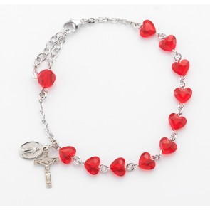 Finest Austrian Crystal Red Heart Shaped Bead Sterling Silver Rosary Bracelet