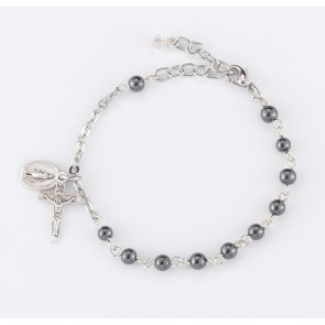 Genuine Round Hematite Sterling Silver Rosary Bracelet 4mm