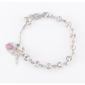 Rose Embedded Round Murano Glass Sterling Silver Rosary Bracelet 6mm