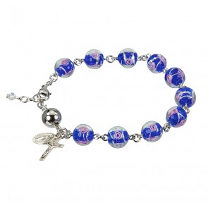 10mm Pink Rose Embedded Ventian Style Glass Bead Sterling Silver Rosary Bracelet-Bxd