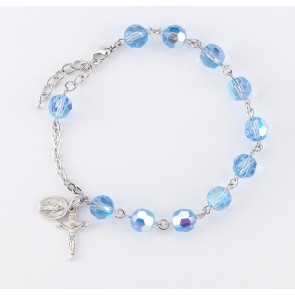 Sterling Silver Rosary Bracelet Created with 8mm Light Sapphire Finest Austrian Crystal Round Beads by HMH
