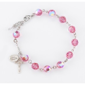 Sterling Silver Rosary Bracelet Created with 8mm Pink Finest Austrian Crystal Round Beads by HMH
