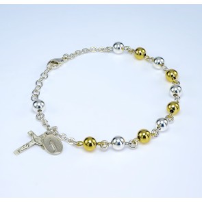 Sterling  Silver and Gold Over Sterling Round Rosary Bracelet 6mm