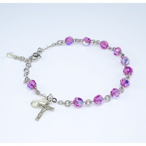 Finest Austrian Crystal Pink Round Shaped Sterling Silver Rosary Bracelet 6mm