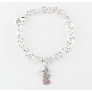 6-1/2" Extra Heavy Solid Sterling Silver Link Bracelet w/Pink Angel Charm-Bxd