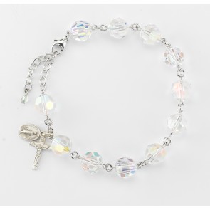 Finest Austrian Crystal Aurora Round Shaped Sterling Silver Rosary Bracelet 10mm