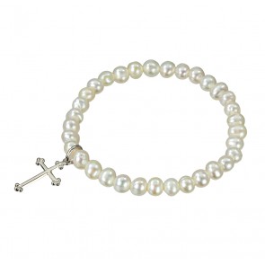 Freshwater Pearl 4mm Stretch Bracelet  w/Sterling Silver Cross 1701-Bxd