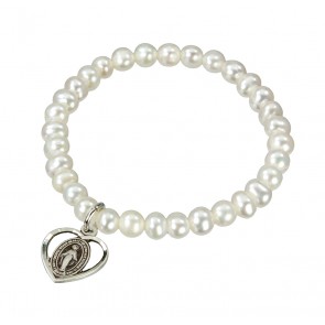 Freshwater Pearl 4mm Stretch Bracelet w/Sterling Silver Heart Miraculous Medal 3160-Bxd
