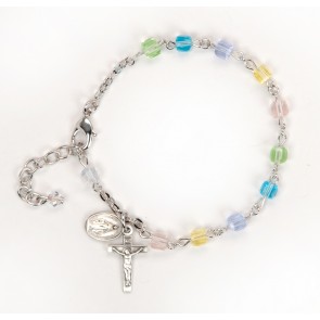 4mm Multi Color Faceted Cube Shape Glass Beaded Rosary Bracelet W/ Sterling Silver Medal & Cfx-Bxd