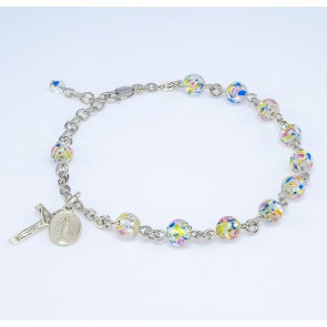 6mm Murano Venetian Glass Crystal Flower Rhodium Rosary Bracelet w/Oxidized Medals-Bxd