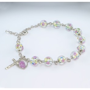 8mm Murano Venetian Glass Crystal Flower Rosary Bracelet w/Oxidized (Pink Mirac & Cfx)-Bxd