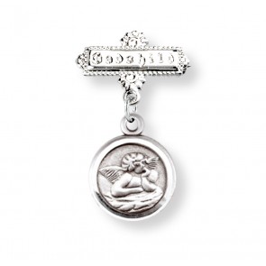 Guardian Angel Round Sterling Silver Medal on a Godchild Bar Pin
