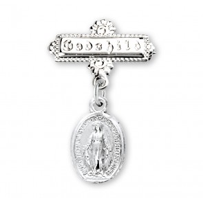 Sterling Silver Small Oval Miraculous W/ Godchild Pin-Bxd