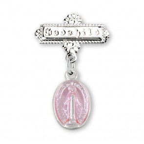 Pink Enameled Oval Sterling Silver Baby Miraculous Baby Medal on a Godchild Bar Pin
