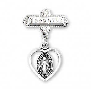 Sterling Silver Pierced Miraculous Heart W/ Godchild Pin-Bxd