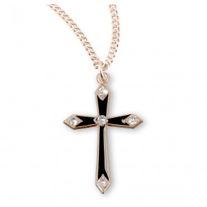 Gold Over Sterling Silver Black Enameled Cross with Five Crystals 