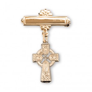 Gold Over Sterling Silver Irish Baby Irish Celtic Cross Pendant on a Bar Pin