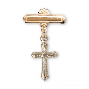 Gold Over Sterling Silver Baby Cross on a Bar Pin