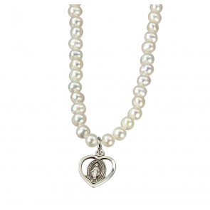 Freshwater Pearl Necklace with Sterling Silver Miraculous Heart