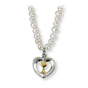 Freshwater Pearl First Communion Necklace with a Two Tone Heart Chalice Pendant