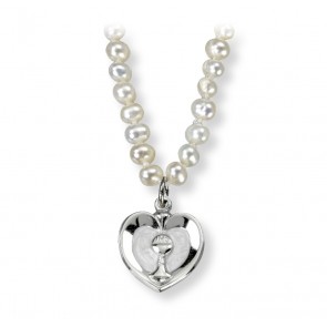 Freshwater Pearl First Communion Necklace with a Heart Chalice Pendant