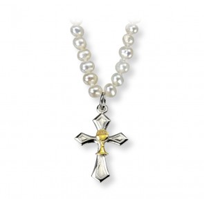 Freshwater Pearl First Communion Necklace Two Tone Cross with Chalice Center