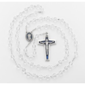 8mm Crystal New England pewter rosary with a blue enameled center and crucifix (368DB/22010BL)-Bxd
