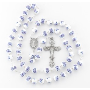White and Violet Glass Flower Bead New England Pewter Rosary 