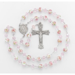 White and Pink Glass Flower Bead New England Pewter Rosary  
