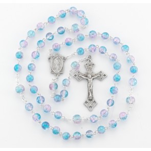 Aqua and Pink Crackle Glass Bead New England Pewter Rosary  