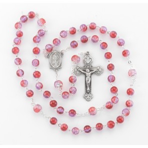 7mm Ruby/Amethyst crackle glass bead New England pewter rosary with center and crucifix  (318/185)-Bxd
