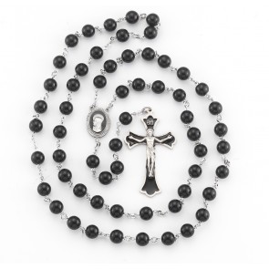 8mm Round Onyx bead New England pewter rosary w/ Ctr & Cfx-(P368BK/P662BK)