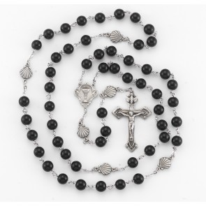 8mm Round Onyx bead New England pewter rosary made with sea shell (P1395) O.F. Beads, center and crucifix (P386/P163)-Bxd
