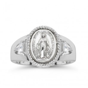Sterling Silver Miraculous Medal Ring with Two Crystal Cubic Zirconias Size 6