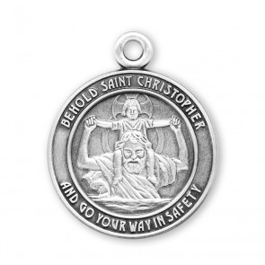 Sterling Silver Round 1" St Christopher Bust with Child Jesus on Shoulders on 24" Ch-Bxd