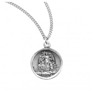 Sterling Silver Small Round Guardian Angel 18" Ch-Bxd
