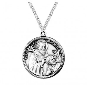 Sterling Silver St. Benedict Exorcism Round Medal with Beaded Edge on 20" Ch-Bxd