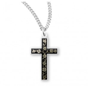 Sterling Silver Cross with a Flower, Leaf & Vine Design Under Black Enamel-*18" Ch-Bxd
